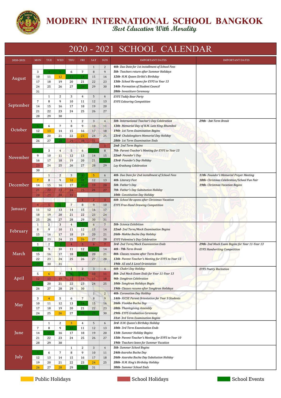 Modern International School Bangkok School Calendar